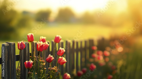 Wild red tulip flowers blooming beside rustic wooden fence in warm sunlight during golden hour