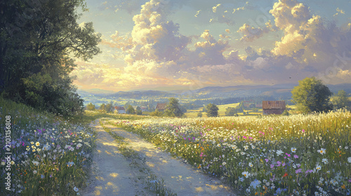 Wildflowers blooming beside quiet country road under bright sky with clouds