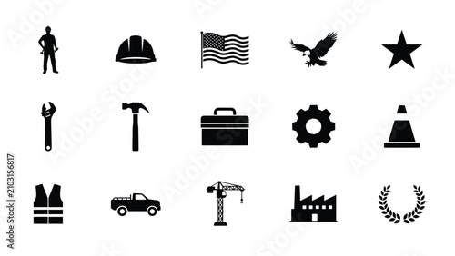 Принти на полотні Black and white labor themed icons set featuring worker tools machinery with eac