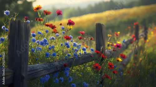 Wildflowers growing alongside rustic wooden fence in sunlit meadow with vibrant colors