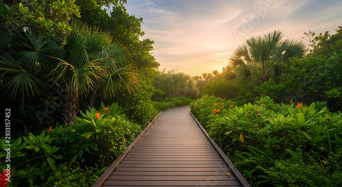 Serene Tropical Garden Boardwalk at Sunrise with Lush Palm Trees & Exotic Plants