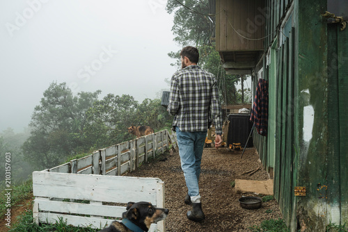 Rural dweller walking with dogs near foggy mountain house