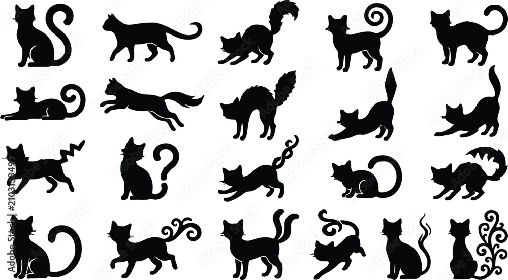 Fototapeta premium Black cat silhouette collection. Vector icon set of domestic cats in various poses like sitting, standing, and walking. Isolated feline pet graphics for design elements