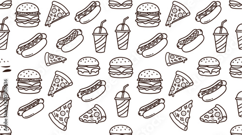 фотографія Fast Food Doodle Seamless Pattern Background with Burgers Pizza Hot Dogs and Sof