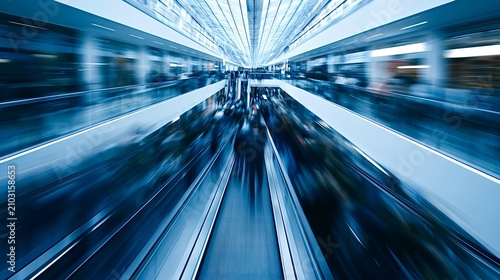 Blurring motion of people on urban moving walkways