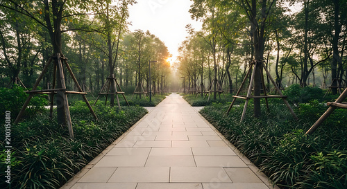 Sunrise Serenity: Sunlit Wooden Boardwalk Path Through Lush Green Forest Park at Dawn