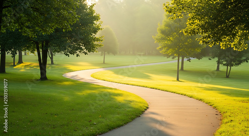 Tranquil Morning Walk: Sunlit Pathway Through Lush Green Park with Gentle Tree Shadows