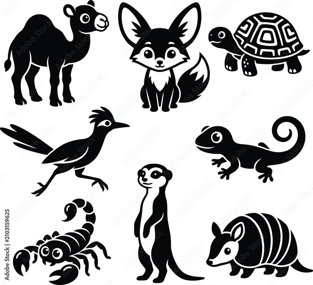 Fototapeta premium A array of cute black silhouette desert animals including a camel, fennec fox, tortoise, and various creatures.