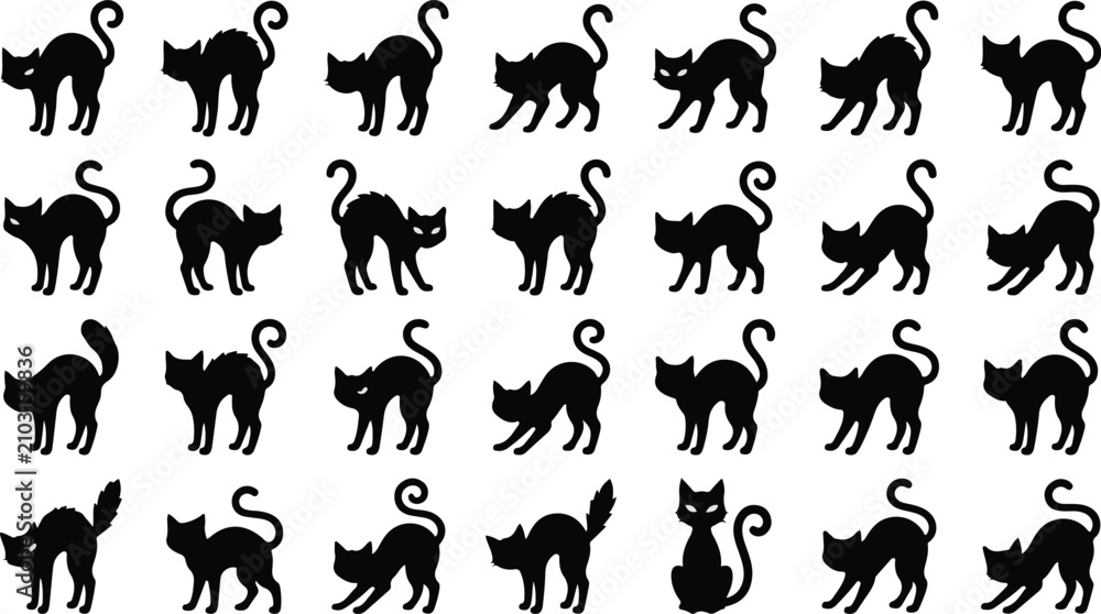 Fototapeta premium Halloween Black Cat Silhouette Collection with Various Cat Poses, Paw Prints, Feline Vector Illustrations Isolated on White Background
