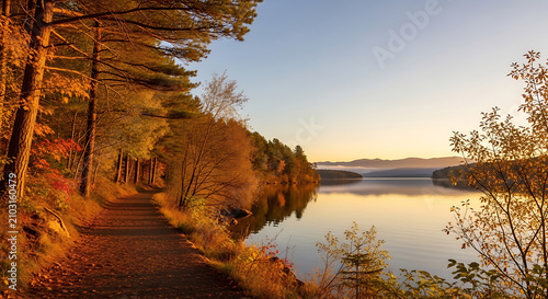 Golden Autumn Lakeside Trail at Sunset: Reflective Calm Water & Vibrant Foliage Scenery