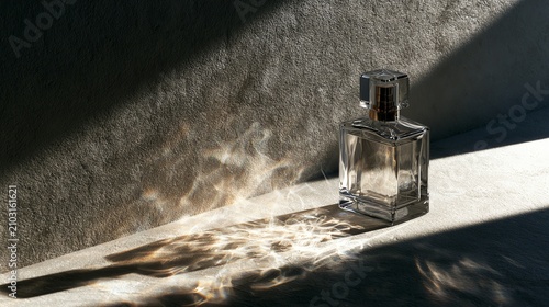 Elegant perfume bottle with sunlight reflections.