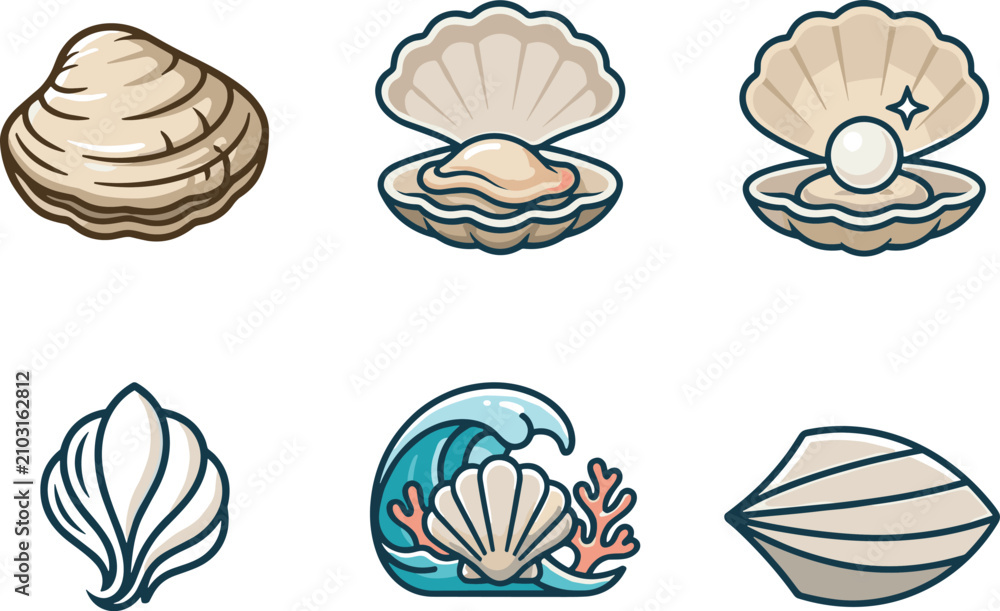 Fototapeta premium Oyster and Scallop Sea Shell Icon Set Featuring Open Clam with Pearl Ocean Wave and Coral Reef VectorsOyster and Scallop Sea Shell Icon Set Featuring Open Clam with Pearl Ocean Wave and Coral Reef Vec