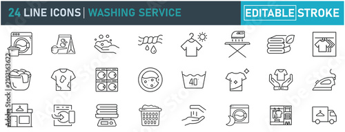Washing Service Line Icons Set. Contains icon related to laundry service, washing machine, detergent, fabric, ironing, folding clothes,and more. Editable stroke. Vector illustration.