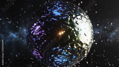 Abstract metallic planet floating in a dark starry space