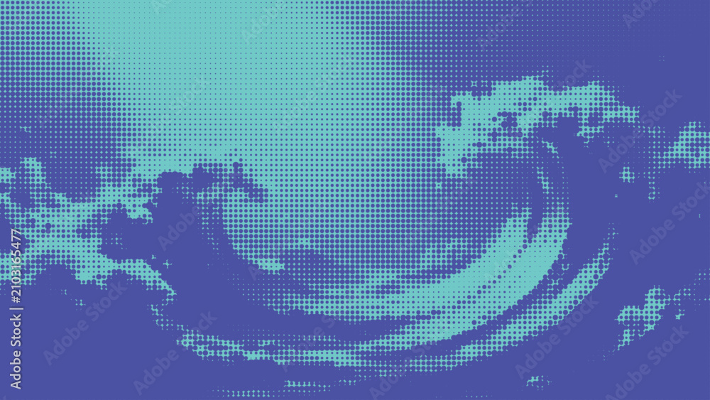 Obraz premium Curving vortex halftone pattern background vector illustration in bright blue and indigo.