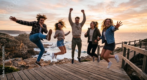 Happy Friendship Day friends jumping together near the ocean enjoying adventure freedom Friendship