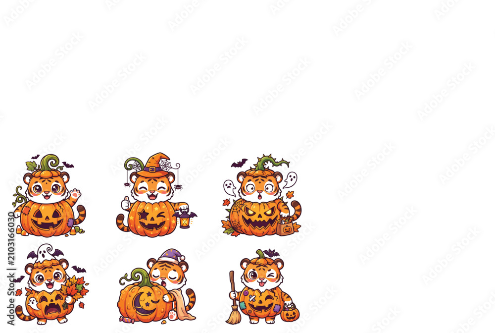 Obraz premium Set of cute cartoon tiger characters dressed in festive halloween pumpkin costumes with autumn leaves bats and candy for holiday celebrations