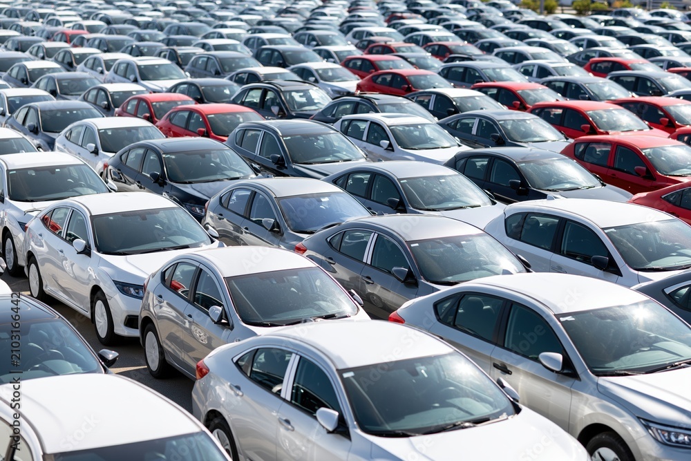 Fototapeta premium The Overflowing Car Parking Lot of Identical Sedans in Daylight