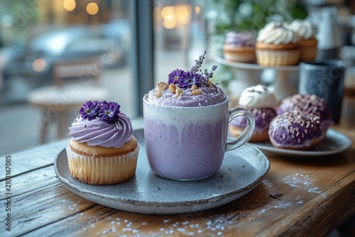 Creamy ube latte served with delicious purple yam desserts in a stylish modern café setting.