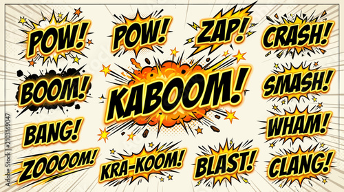 A collection of vintage comic book sound effects like POW, KABOOM, ZAP, and CRASH in stylized explosive text bubbles with starbursts and motion lines.