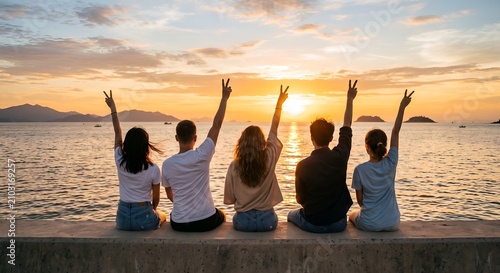 Happy Friendship Day Advertisement Friends watching beautiful sunset together by the sea