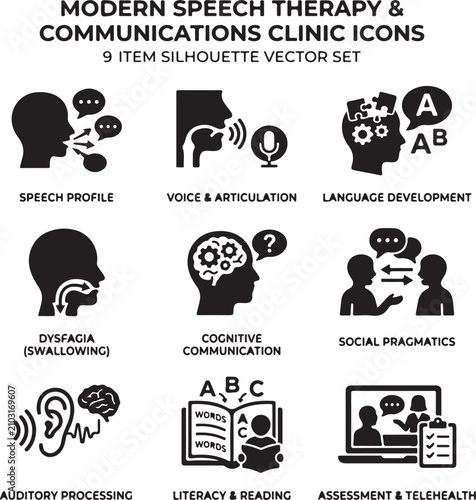 Modern speech therapy and communications clinic icons, 9 item silhouette vector set, medical pathology and language development symbols