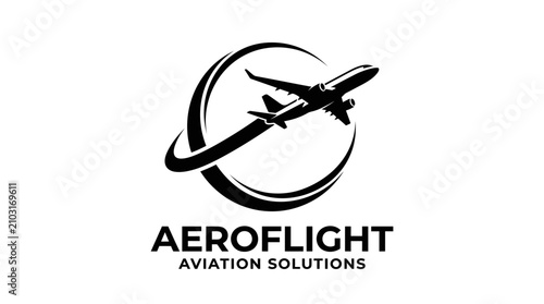 A sleek black and white logo for Aeroflight Aviation Solutions, featuring a modern passenger airplane flying in an upward arc within a circular design.
