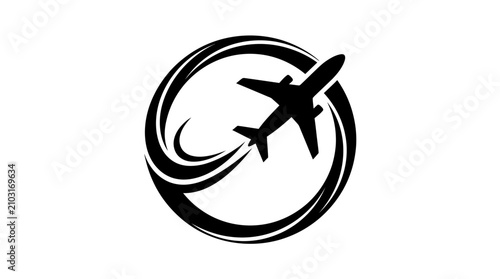 Black silhouette of an airplane flying within a dynamic circular swirl, symbolizing travel and global movement.
