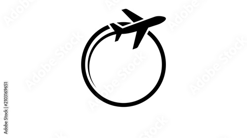 Obraz na plátně Black silhouette of an airplane flying in a circular path, symbolizing global travel, aviation, and journey around the world