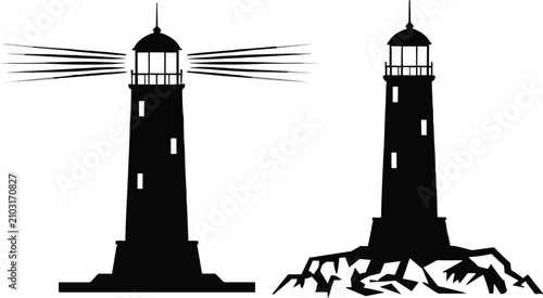 Fotografía Black silhouette of a lighthouse with light beams and another on rocks Keywords: