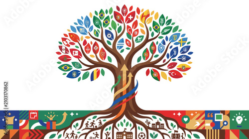Flat vector illustration of a global tree with leaves as international flags, featuring upward arrows in the trunk and roots showing icons of community, sports, and education.