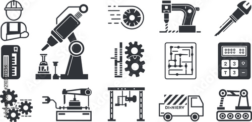 Foto Industrial equipment icons including worker robot microscope gears and truck Key