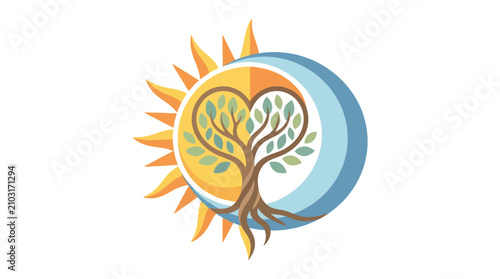 Flat vector illustration of a tree with heart-shaped branches and green leaves, set against a circular emblem combining a sun with rays and a blue crescent moon on a white background.
