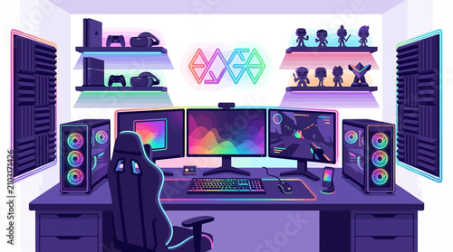 Professional gaming room flat vector illustration featuring triple monitors, dual PC towers with RGB fans, neon-lit gaming chair, wall shelves with consoles and figurines.