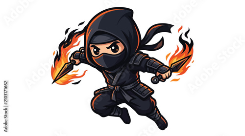 Vector illustration of a chibi ninja character in black armor holding flaming kunai daggers, jumping in a dynamic pose isolated on a white background for gaming mascot or logo.