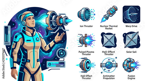 Vector illustration of an astronaut with various spacecraft propulsion system icons including ion thruster, warp drive, nuclear thermal rocket, and solar sail on white background.