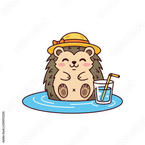 hedgehog in water with hat and drink