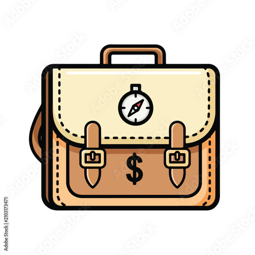 Brown leather briefcase with compass and dollar sign