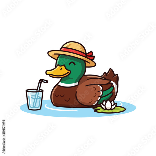 cartoon duck in hat on water with drink