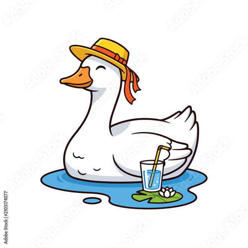 cartoon duck in water with hat and drink