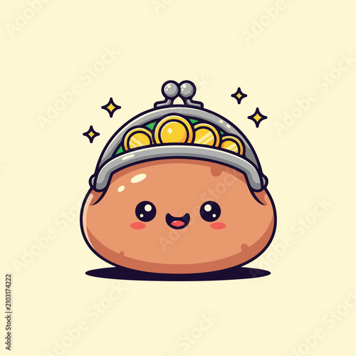 Cartoon potato with coin purse full of gold coins