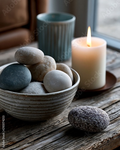 Stone Decor with Burning Candle on Rustic Wood Table for Relaxation