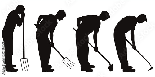 Foto Silhouette of man gardening with pitchfork and hoe in four poses Keywords: garde