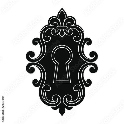 Vintage ornate keyhole vector icon with baroque scrollwork and fleur de lis detail for decorative design