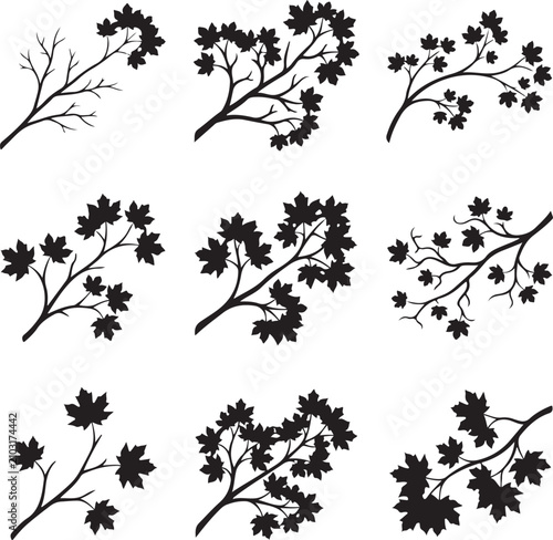 Black maple leaf branch silhouettes, set of 9 botanical tree limb vectors, minimalist autumn foliage icons for nature design and wedding invitations