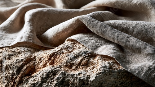 Natural textured fabric drape over a rough weathered stone surface background