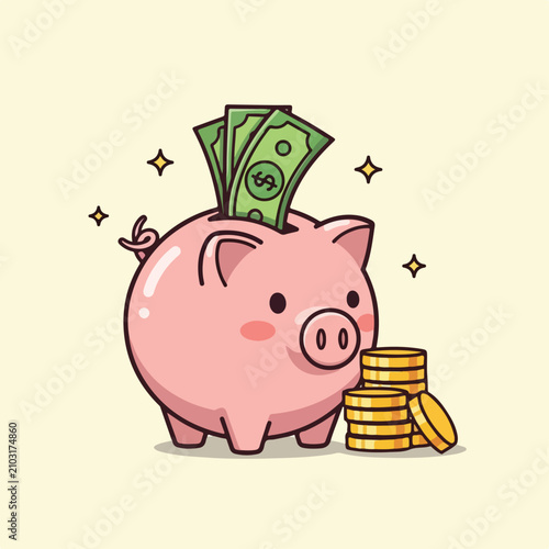 Cute cartoon piggy bank with money