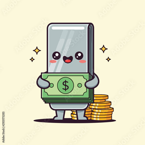 Cartoon smartphone holding cash and coins with sparkles