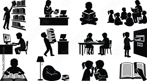 Black silhouettes showing children and adults in a library, reading books, using computers, and engaging in quiet study or research activities
