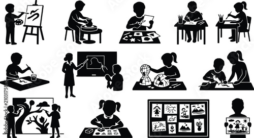 Konstfotografi Collection of black silhouette depicting children engaged in various creative ar